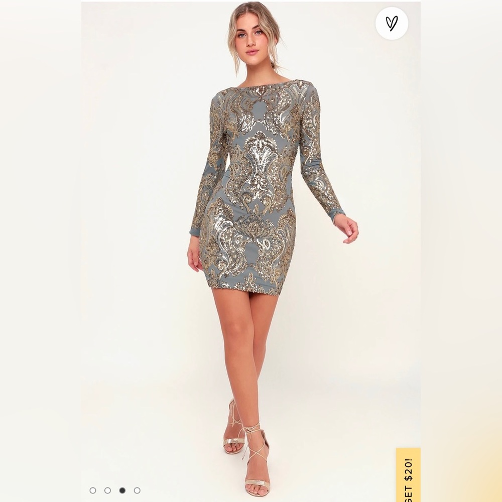 LULUS Lola Light Blue & Gold Sequin Long Sleeve Bodycon Dress